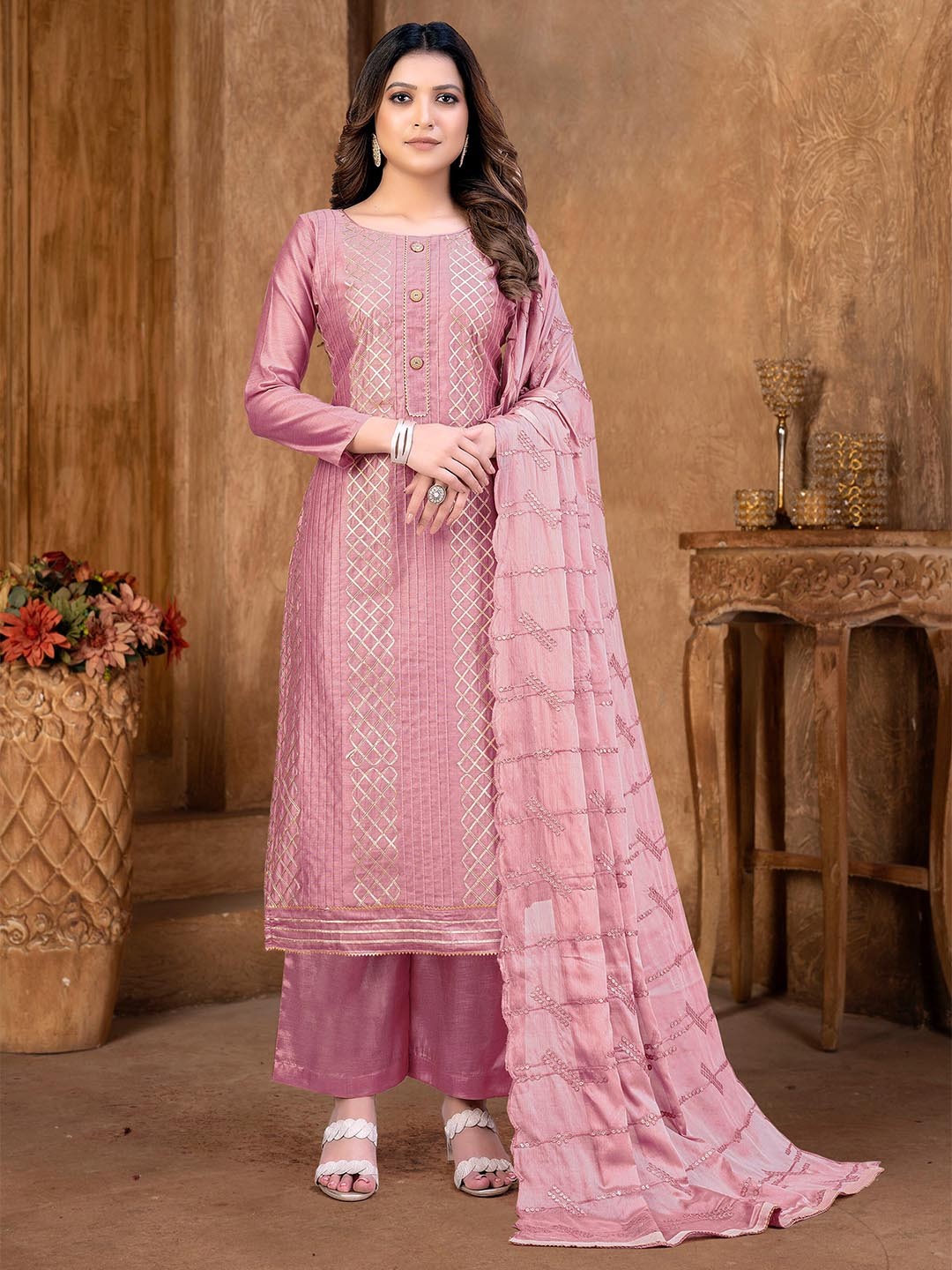 

KALINI Purple & Purple Embroidered Unstitched Dress Material
