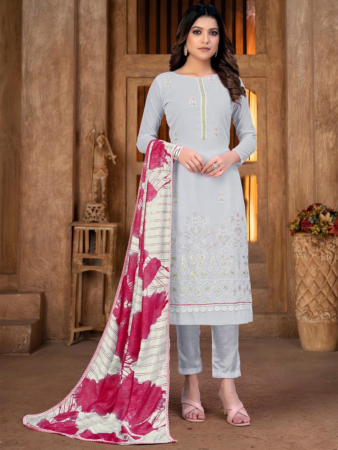 

KALINI Ethnic Motifs Embroidered Unstitched Dress Material, Grey