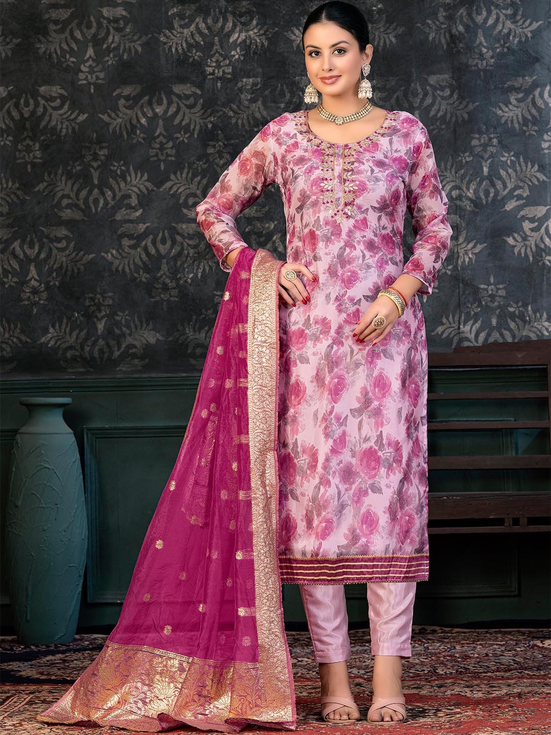 

KALINI Floral Printed Gotta Patti Unstitched Dress Material, Pink