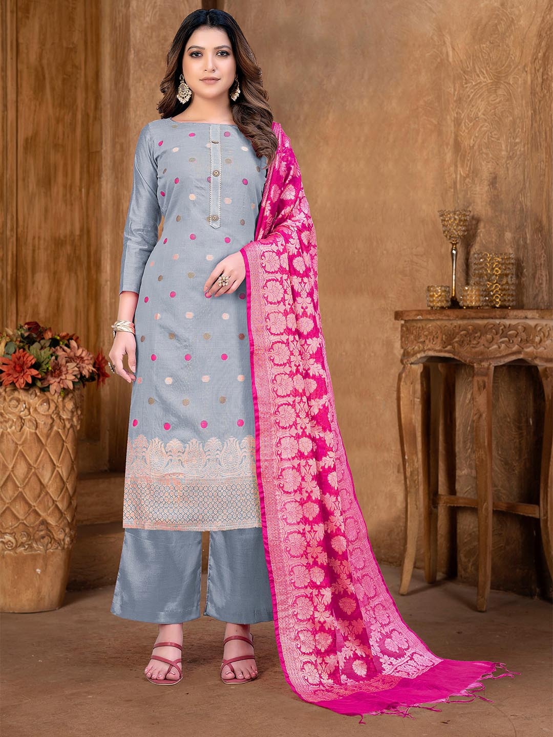 

KALINI Geometric Woven Design Zari Unstitched Dress Material, Grey