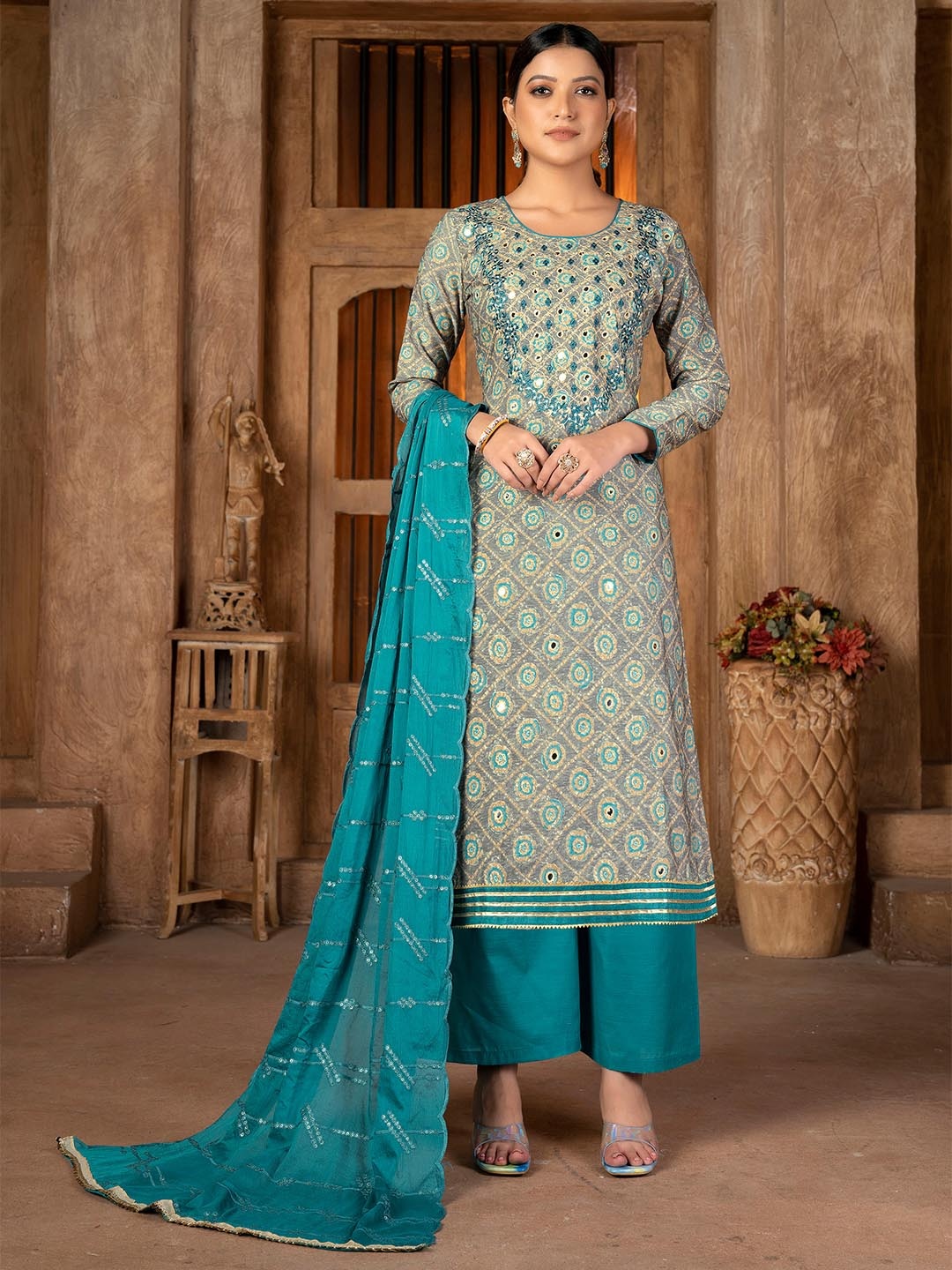 

KALINI Ethnic Motifs Embroidered Mirror Work Unstitched Dress Material, Blue