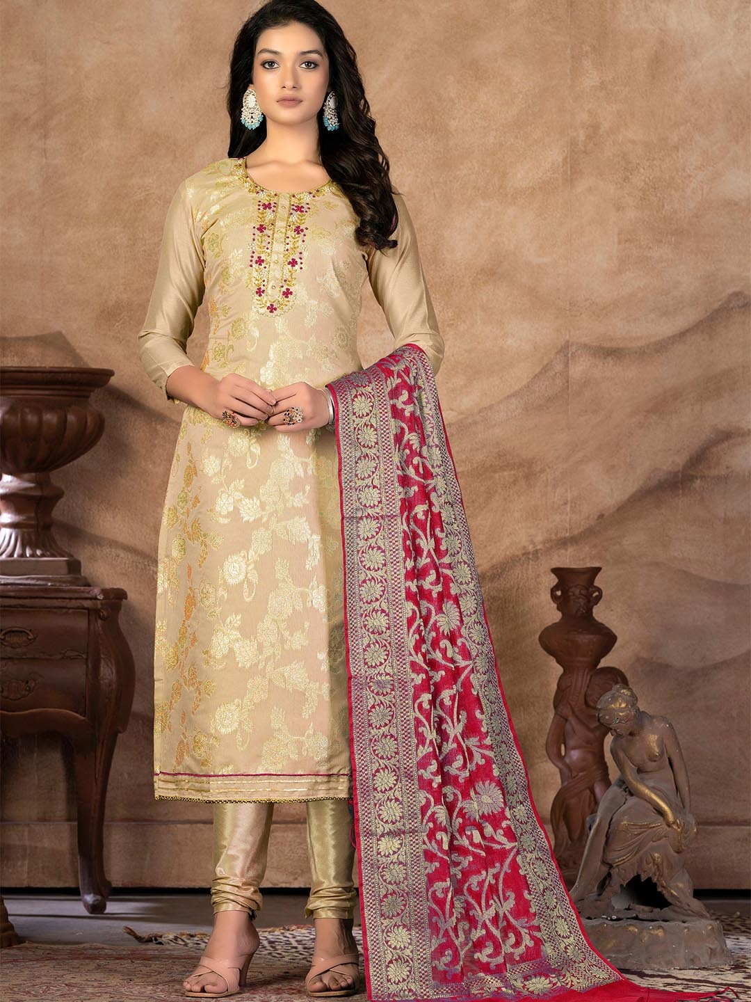 

KALINI Floral Woven Design Beads and Stones Unstitched Dress Material, Beige