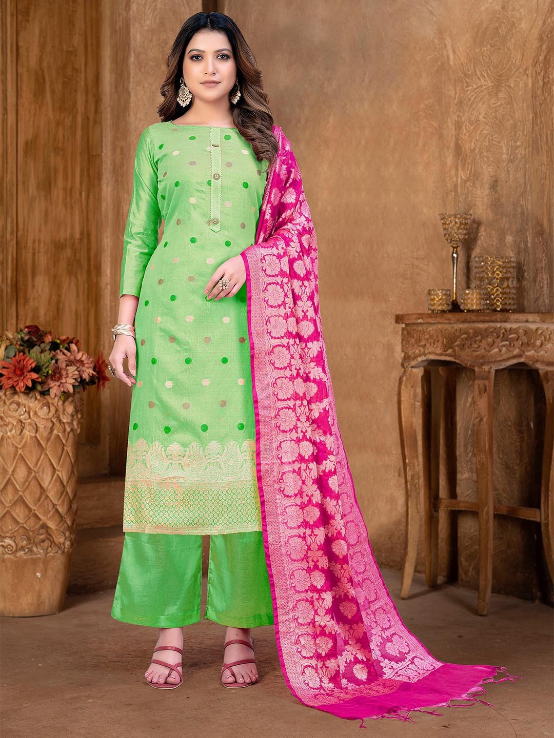 

KALINI Polka Dots Woven Design Gotta Patti Unstitched Dress Material, Green