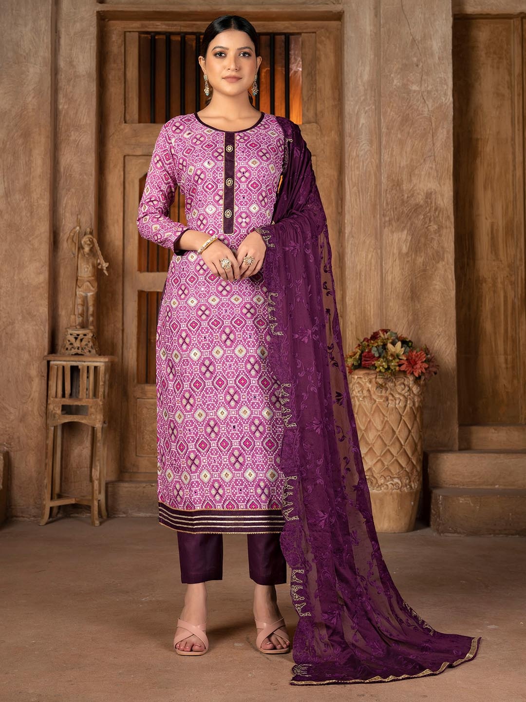 

KALINI Ethnic Motifs Printed Unstitched Dress Material, Purple