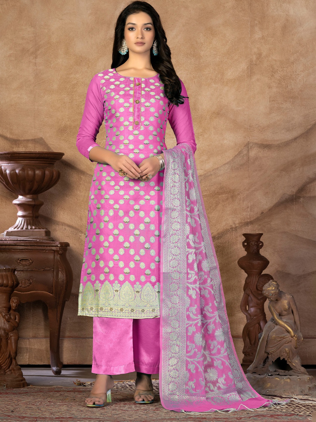 

KALINI Ethnic Motifs Woven Design Unstitched Dress Material, Pink