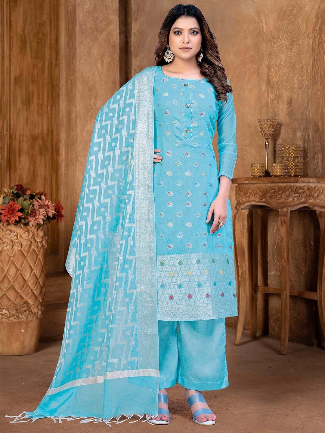 

KALINI Ethnic Motifs Woven Design Zari Unstitched Dress Material, Blue