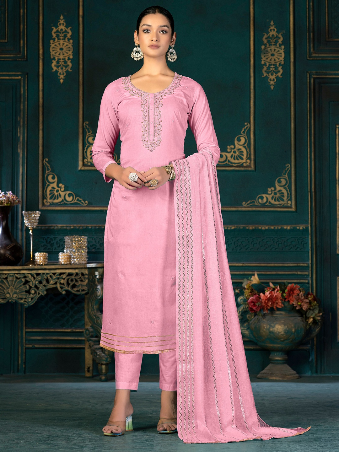 

KALINI Ethnic Motifs Embroidered Beads and Stones Unstitched Dress Material, Pink