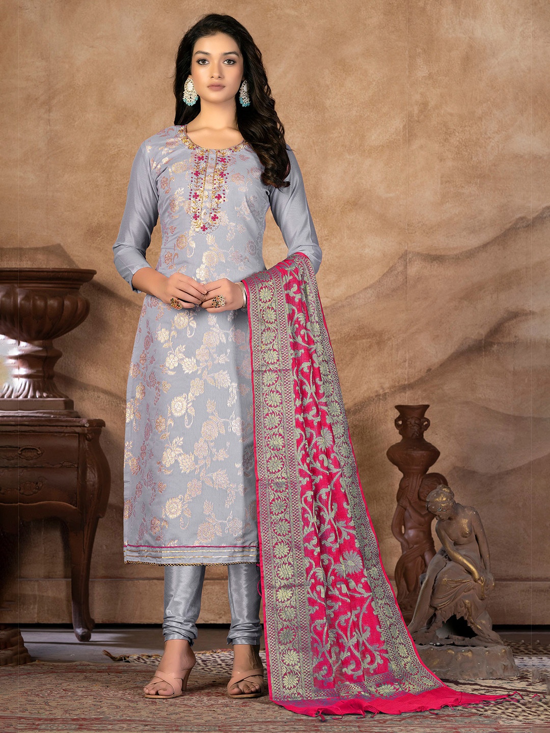 

KALINI Floral Woven Design Beads and Stones Unstitched Dress Material, Grey