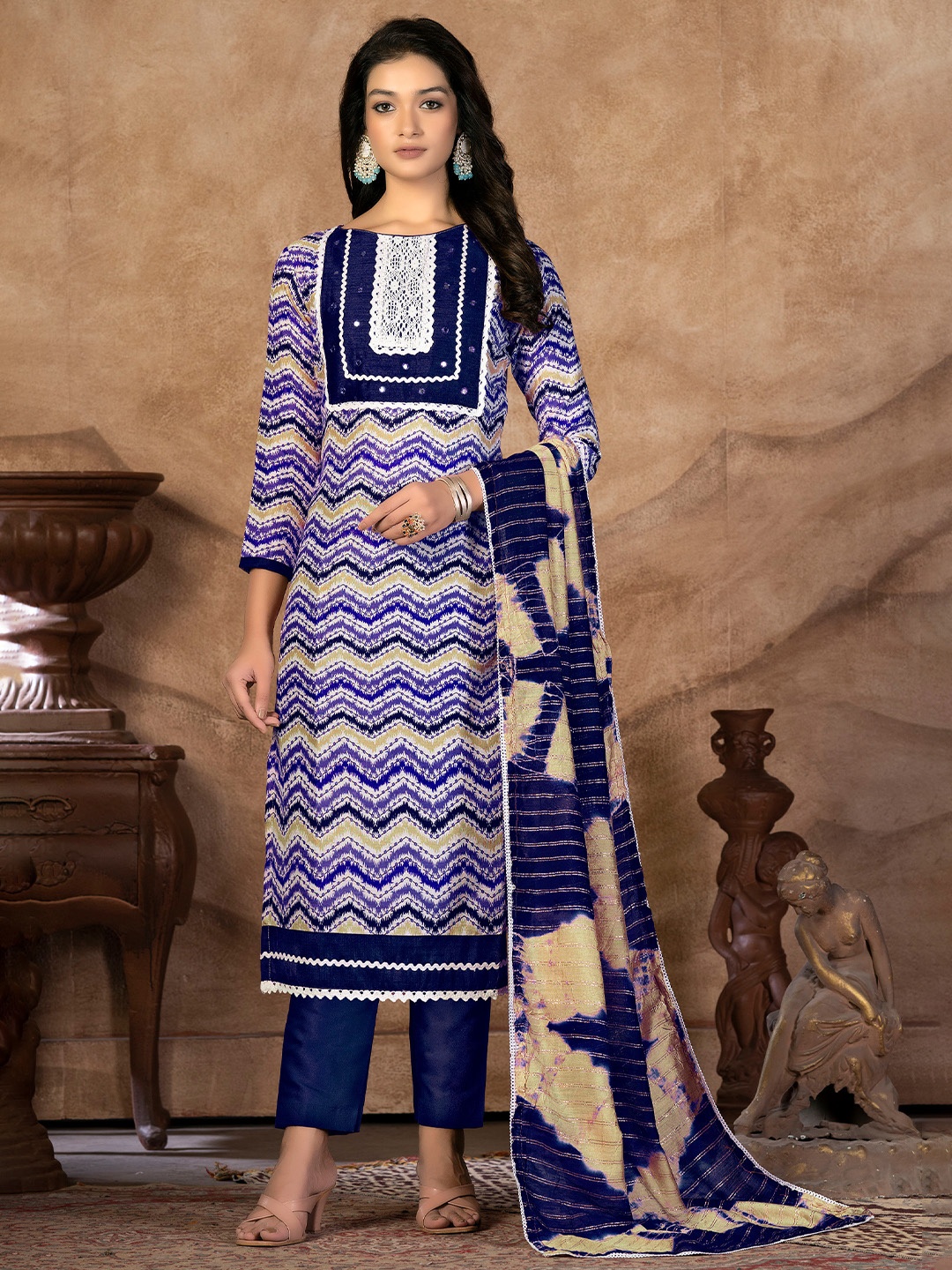 

KALINI Chevron Printed Sequinned Unstitched Dress Material, Blue