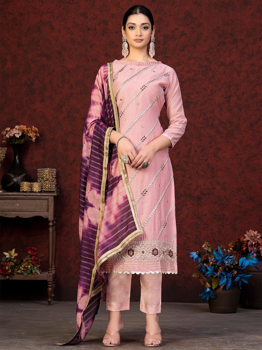 

KALINI Ethnic Motifs Embroidered Beads & Stones Unstitched Dress Material, Pink