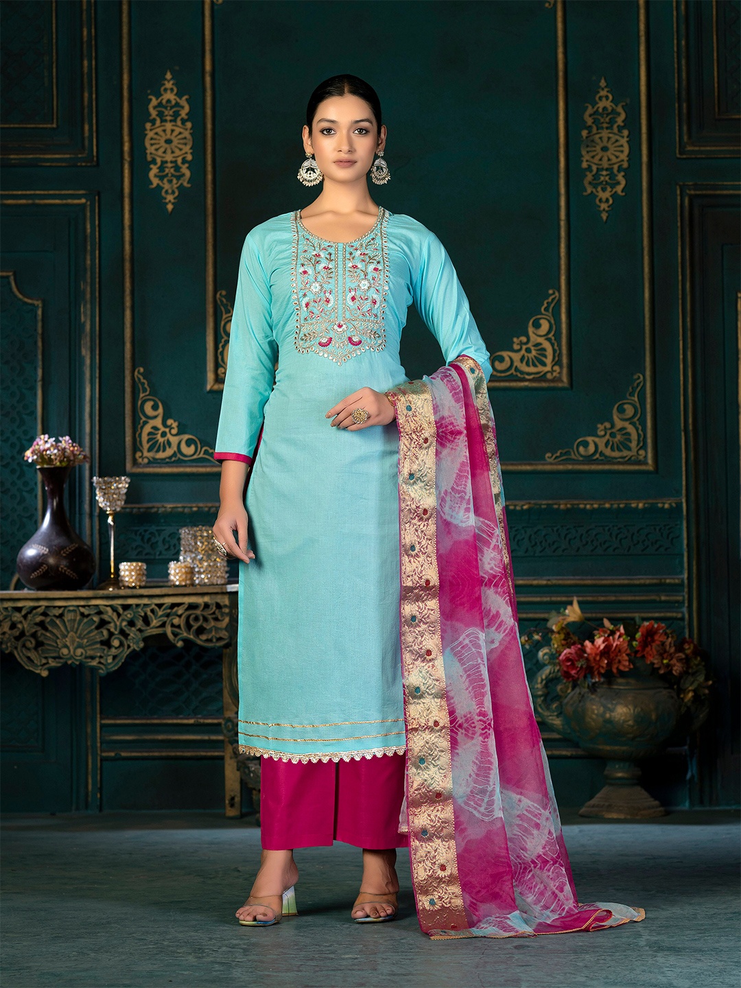 

KALINI Ethnic Motifs Embroidered Gotta Patti Unstitched Dress Material, Sea green