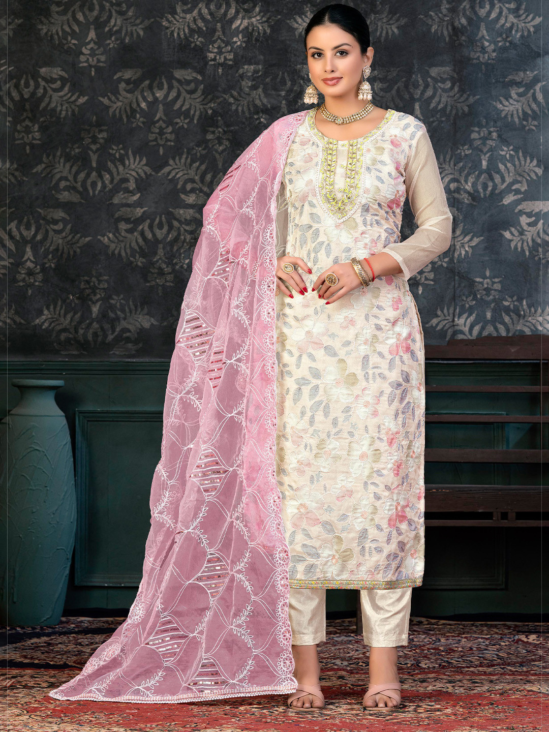 

KALINI Floral Printed Beads & Stones Organza Unstitched Dress Material, Pink