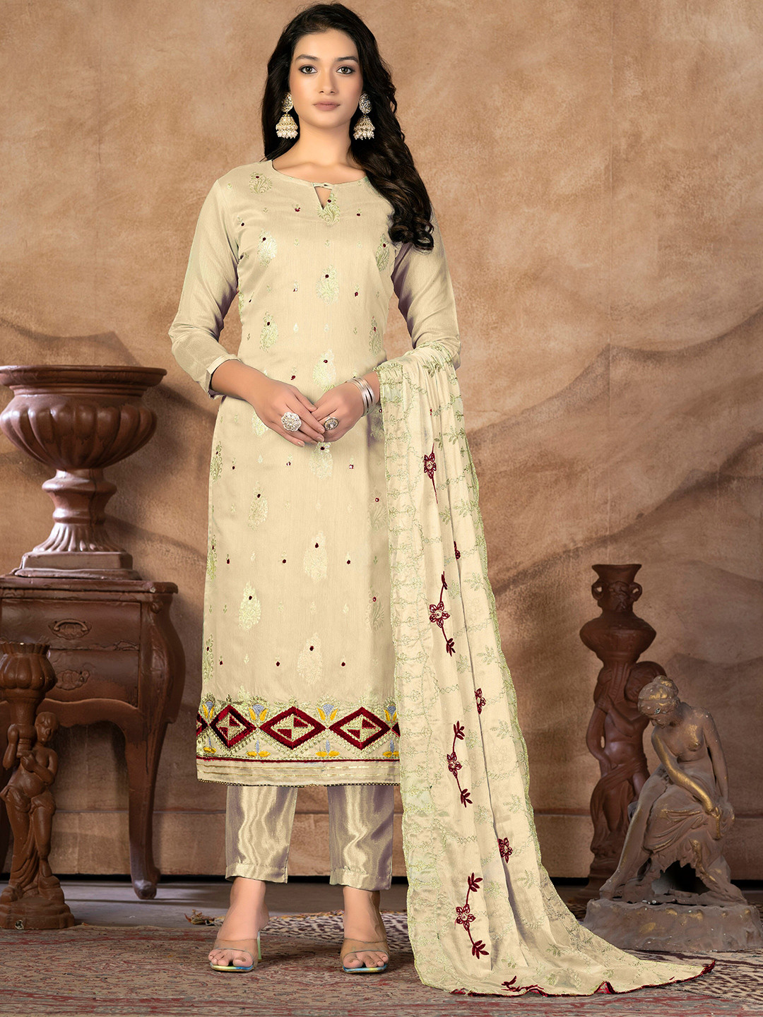 

KALINI Ethnic Motifs Woven Design Mirror Work Banarasi Jacquard Unstitched Dress Material, Beige
