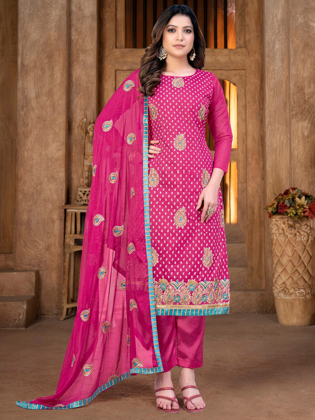 

KALINI Paisley Printed Thread Work Unstitched Dress Material, Pink