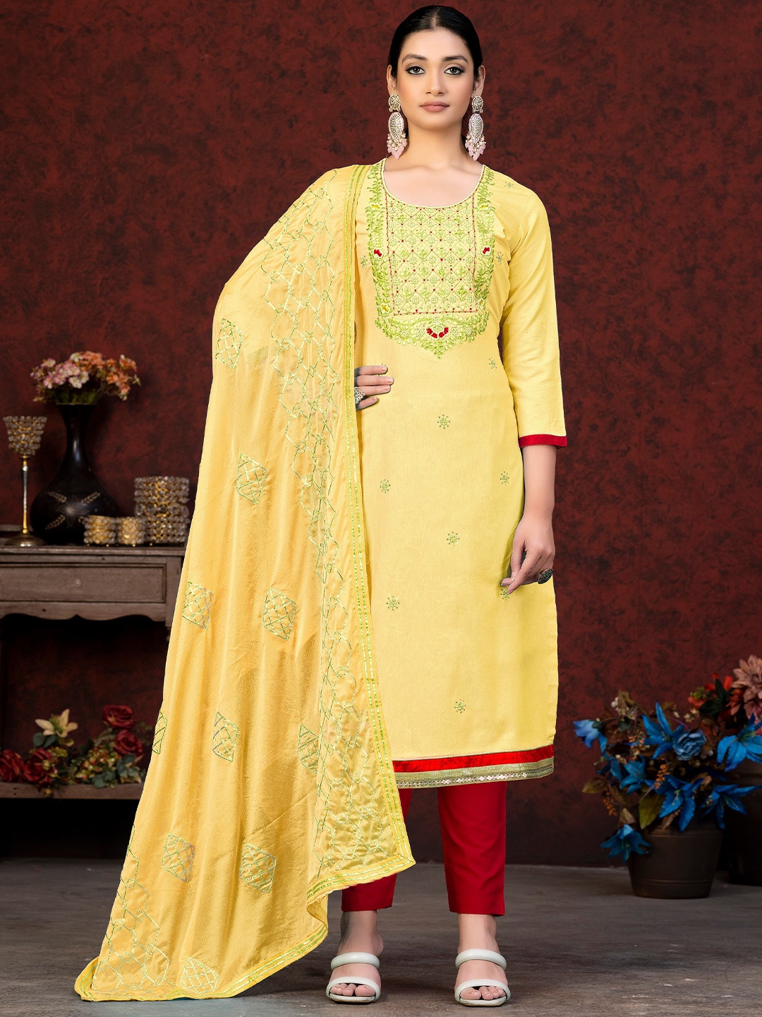 

KALINI Floral Embroidered Beads and Stones Unstitched Dress Material, Yellow