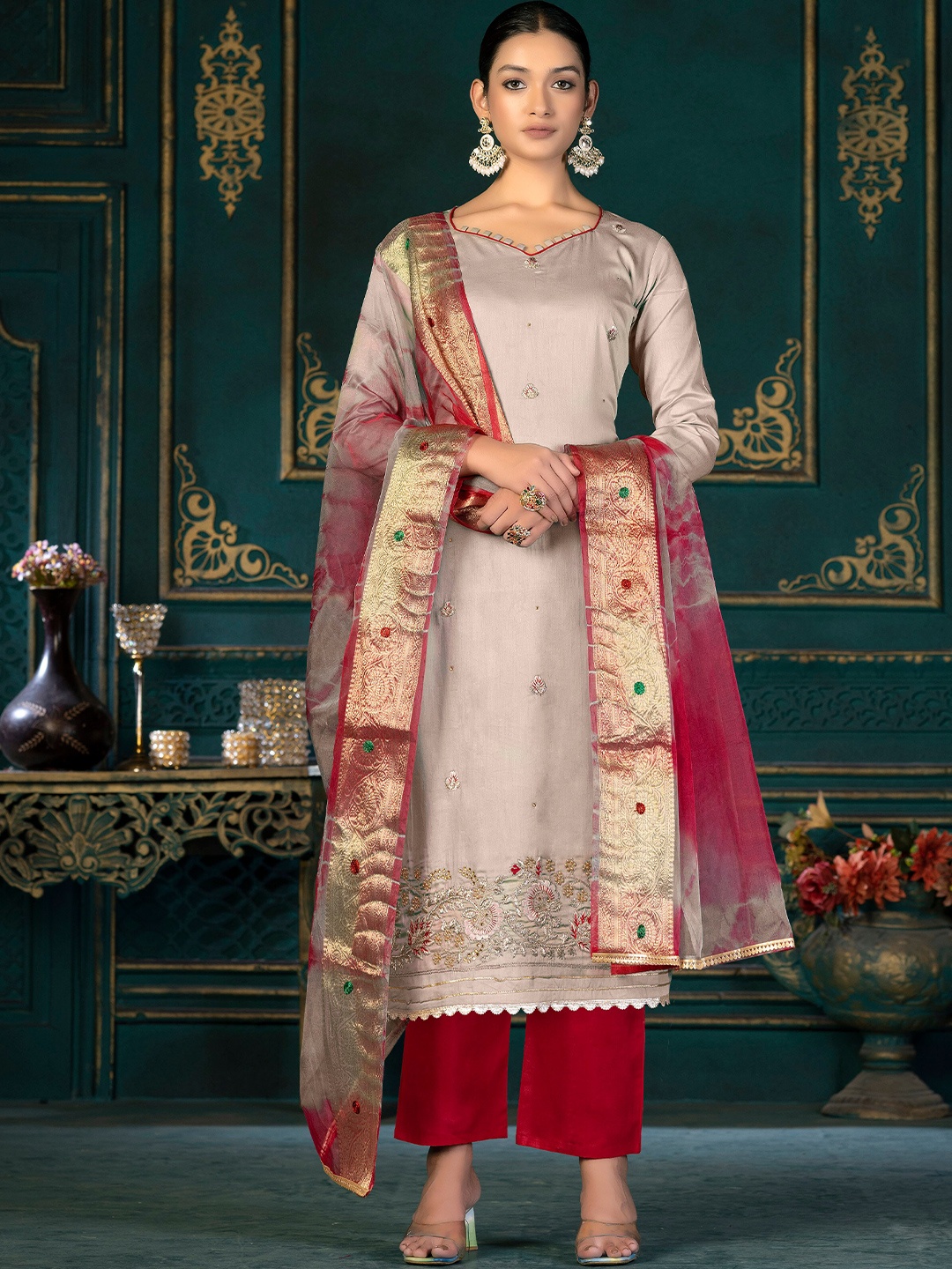 

KALINI Floral Embroidered Zari Unstitched Dress Material, Beige