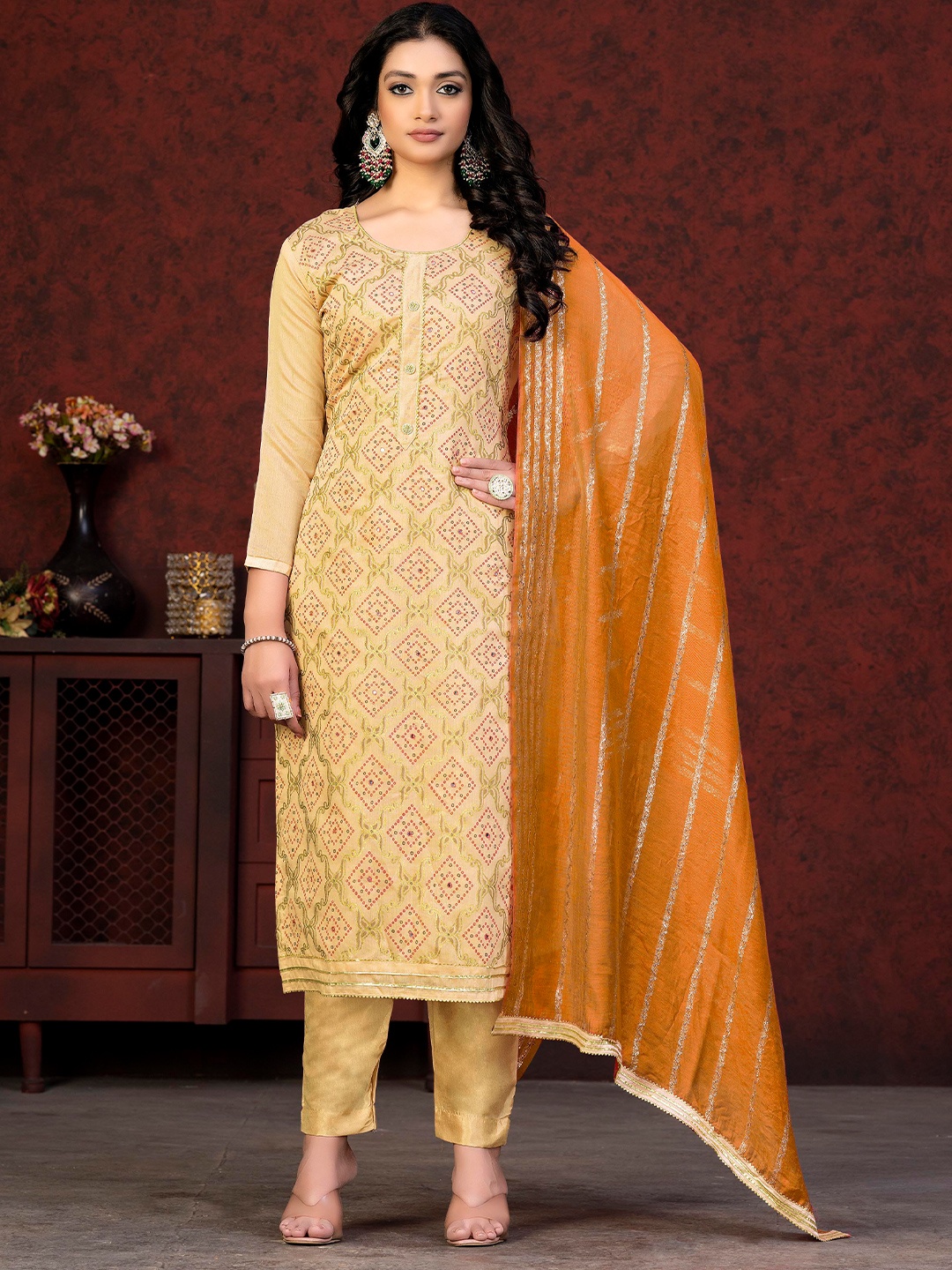 

KALINI Bandhani Printed Gotta Patti Unstitched Dress Material, Beige