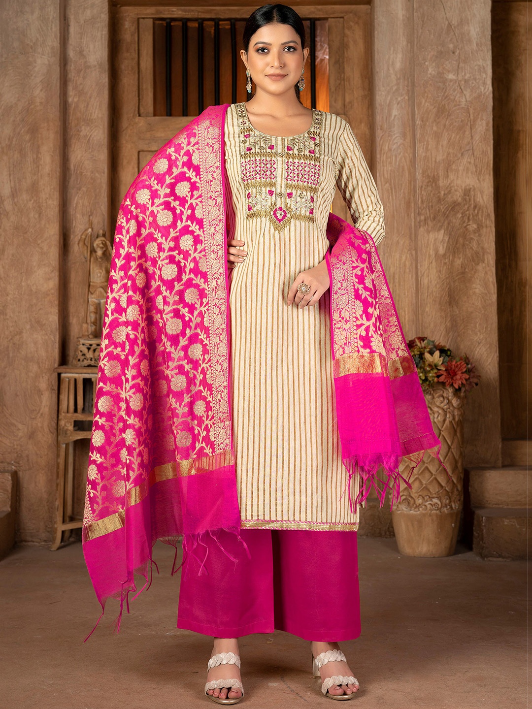 

KALINI Striped Zari Unstitched Dress Material, Beige