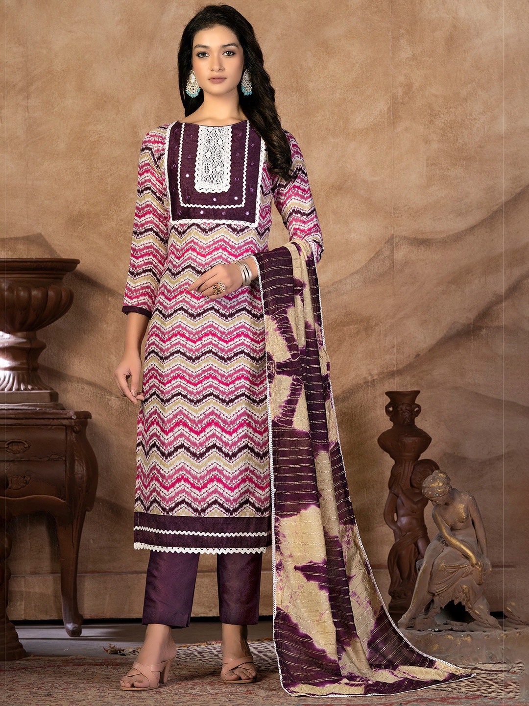 

KALINI Chevron Printed Sequinned Unstitched Dress Material, Beige