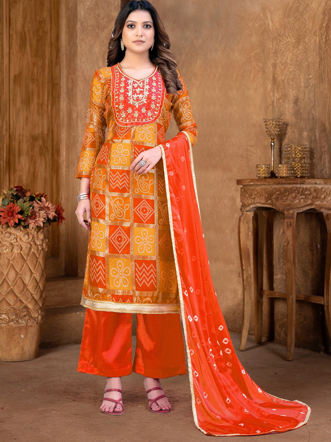 

KALINI Bandhani Printed Gotta Patti Pure Cotton Unstitched Dress Material, Orange