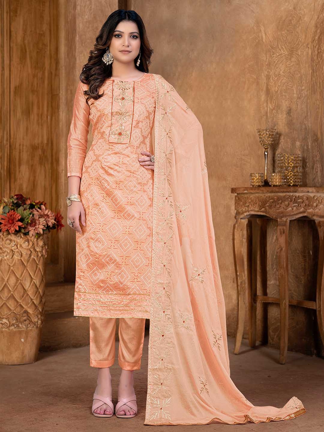 

KALINI Bandhani Printed Gotta Patti Unstitched Dress Material, Peach