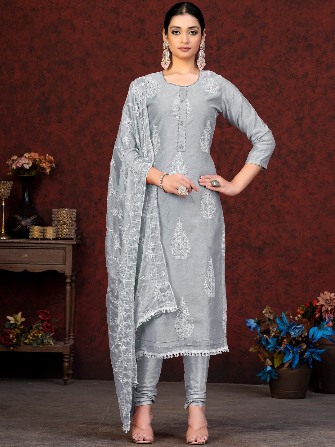 

KALINI Ethnic Motifs Embroidered Sequined Unstitched Dress Material, Grey