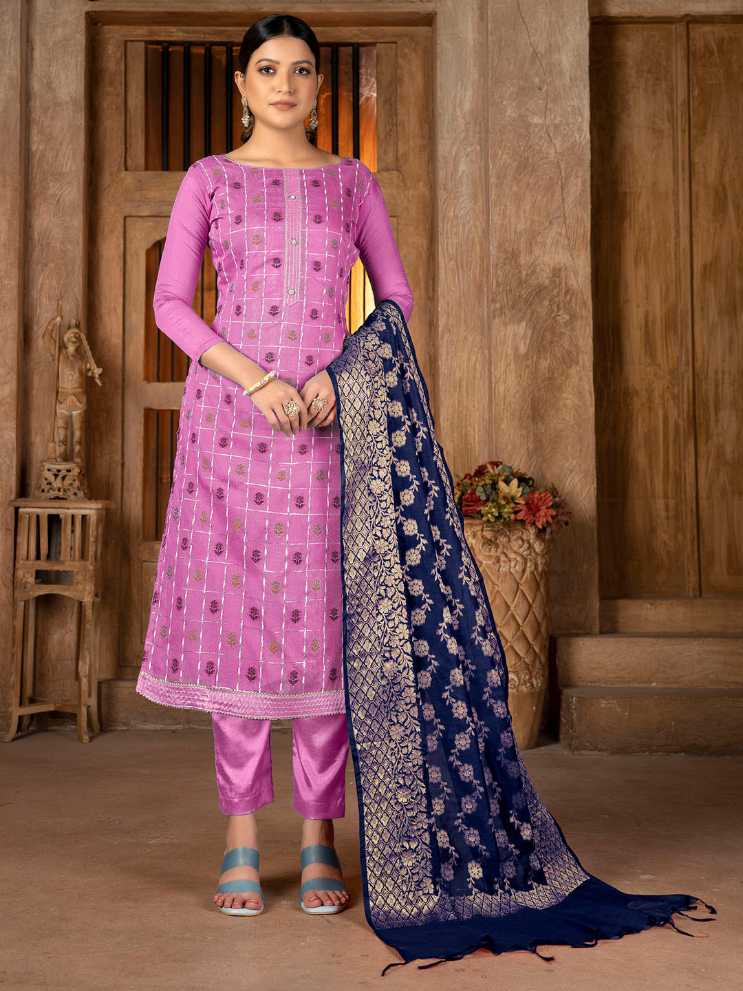 

KALINI Floral Woven Design Zari Unstitched Dress Material, Pink