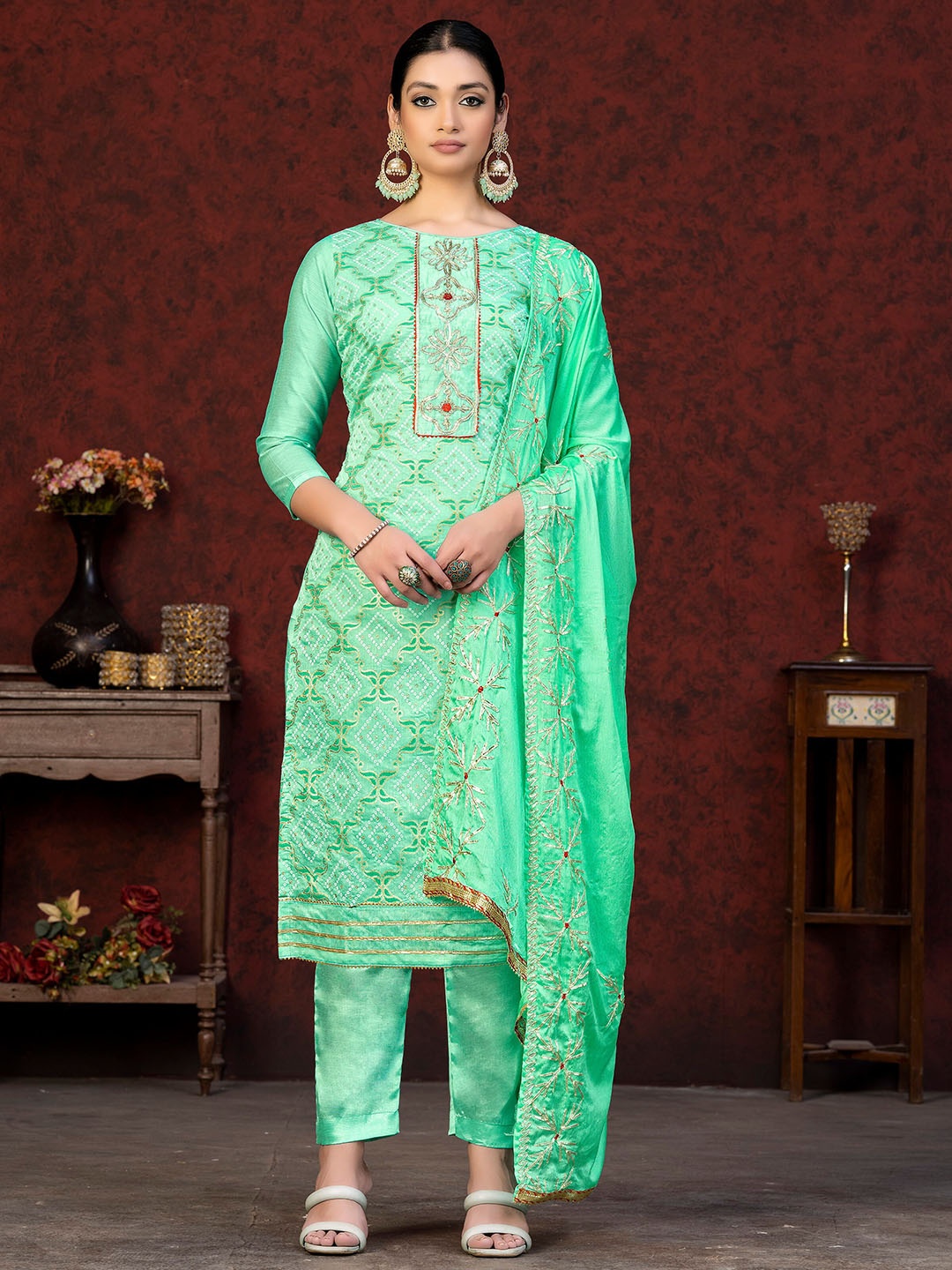 

KALINI Bandhani Printed Gotta Patti Unstitched Dress Material, Green