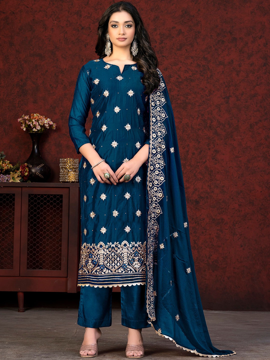 

KALINI Floral Embroidered Beads and Stones Unstitched Dress Material, Blue