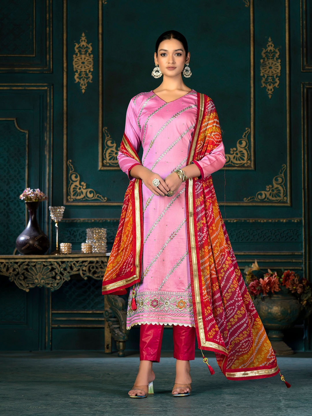 

KALINI Floral Embroidered Sequinned Unstitched Dress Material, Pink