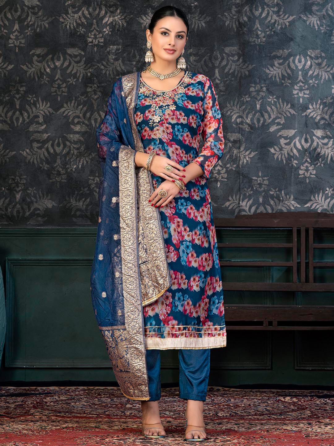 

KALINI Floral Printed Beads and Stones Unstitched Dress Material, Blue