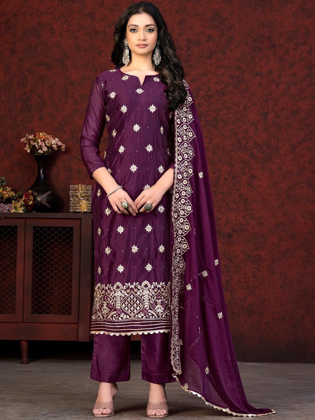 

KALINI Floral Embroidered Beads and Stones Unstitched Dress Material, Purple