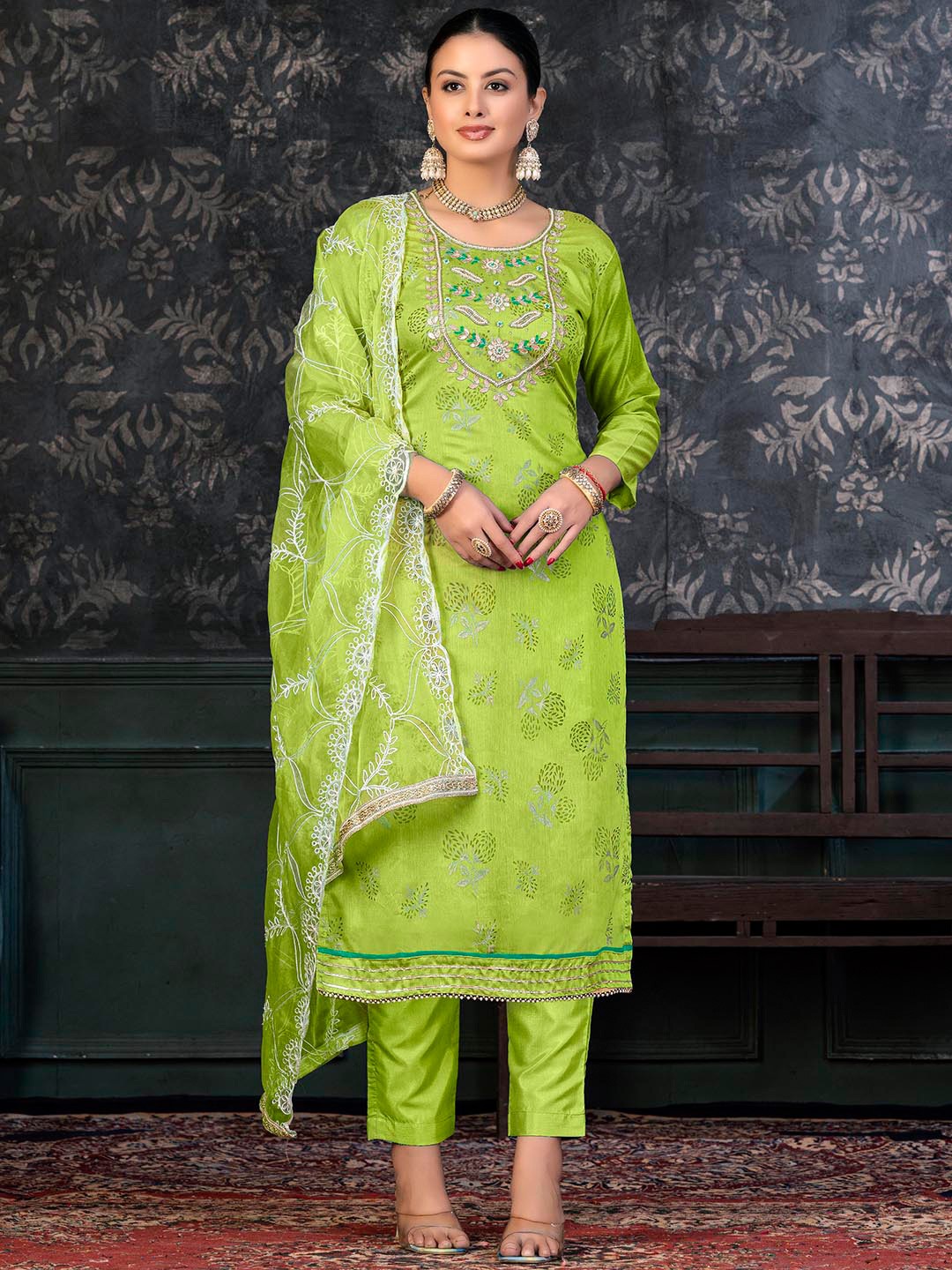 

KALINI Ethnic Motifs Printed Gotta Patti Unstitched Dress Material, Green