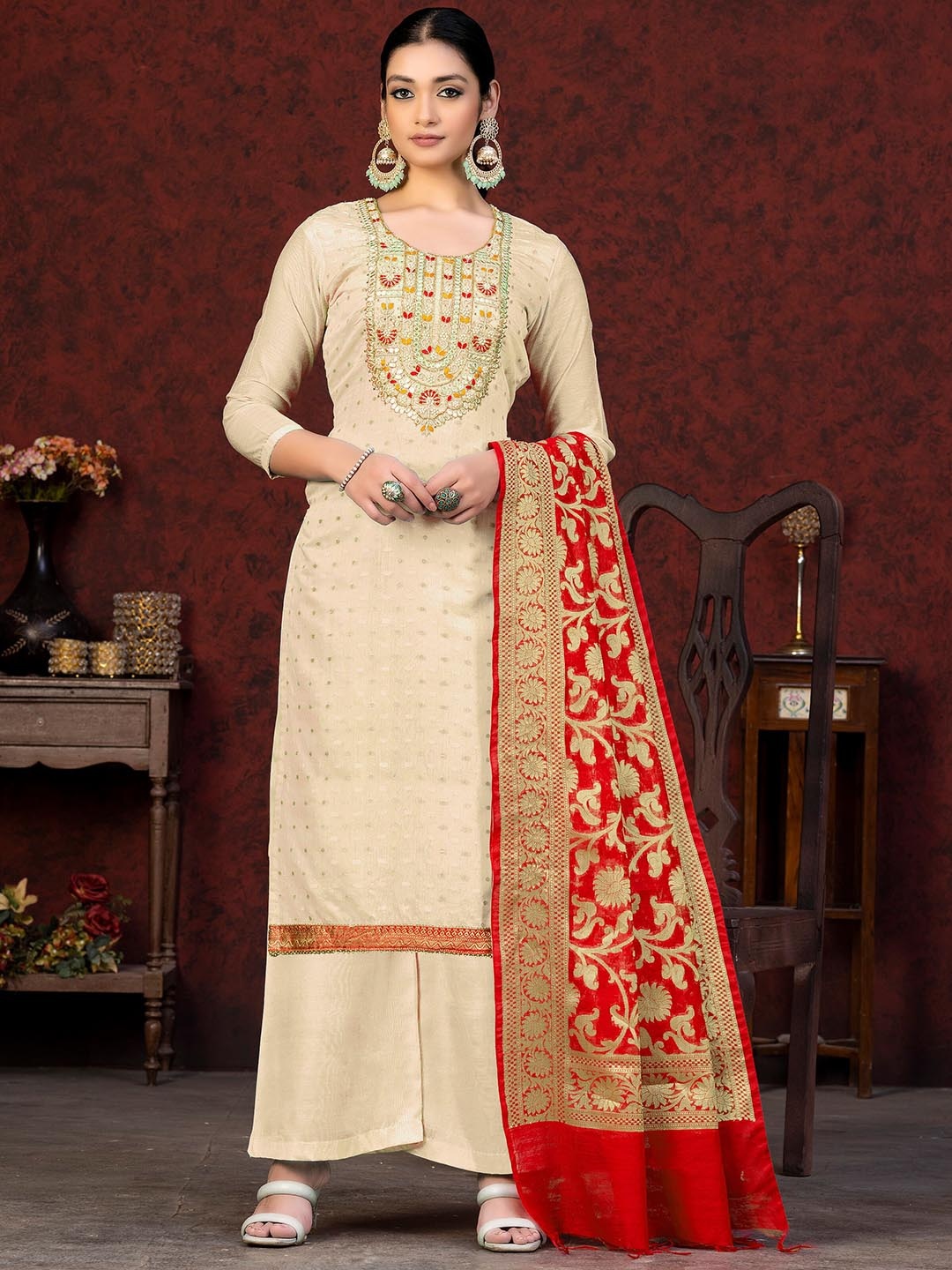 

KALINI Ethnic Motifs Woven Design Gotta Patti Banarasi Jacquard Unstitched Dress Material, Beige