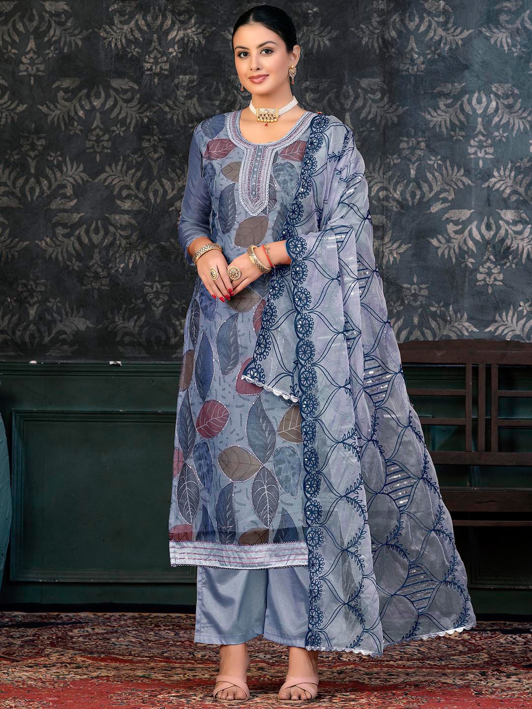 

KALINI Ethnic Motifs Printed Sequined Organza Unstitched Dress Material, Grey
