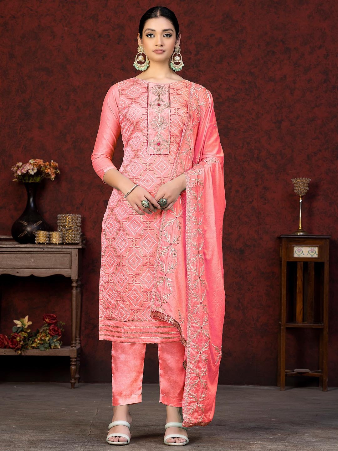 

KALINI Pink & Pink Embroidered Unstitched Dress Material