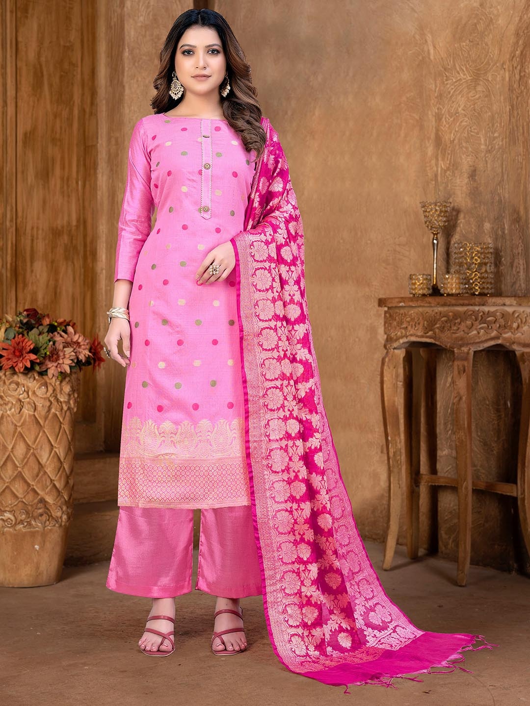 

KALINI Polka Dots Woven Design Gotta Patti Banarasi Jacquard Unstitched Dress Material, Pink