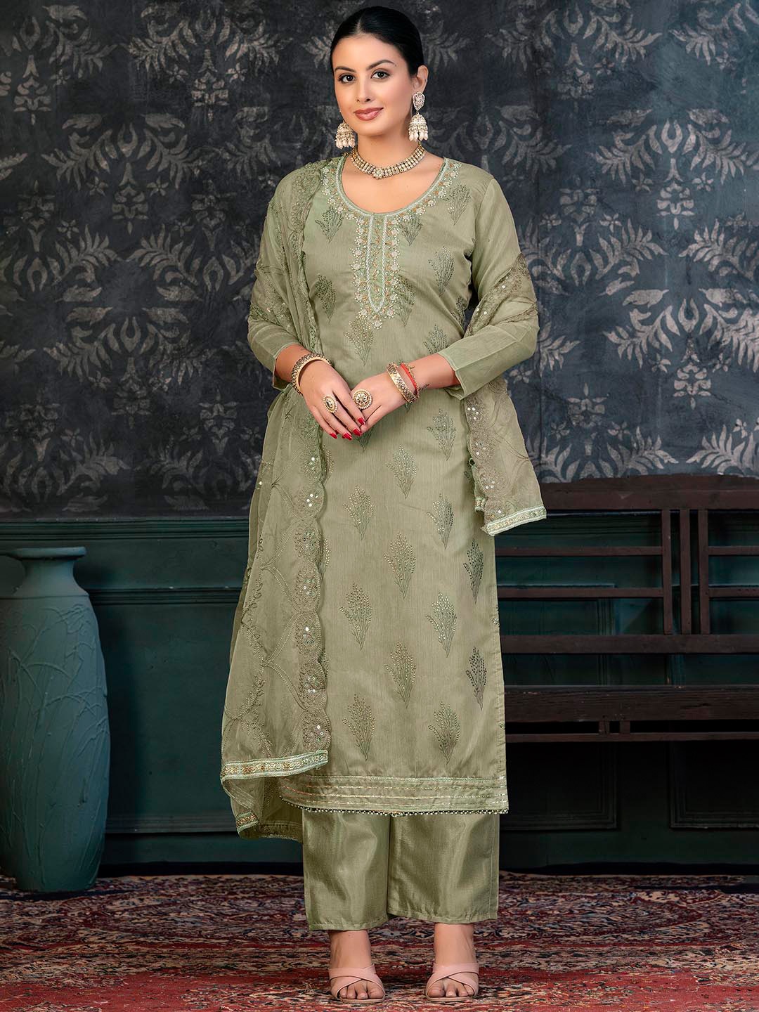 

KALINI Ethnic Motifs Printed Beads & Stones Unstitched Dress Material, Olive