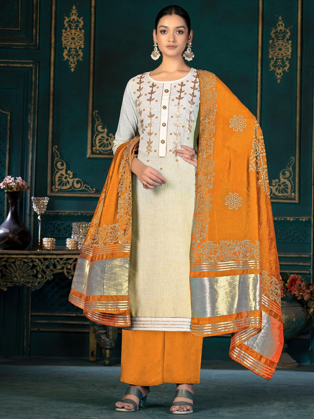 

KALINI Embroidered Gotta Patti Unstitched Dress Material, Beige