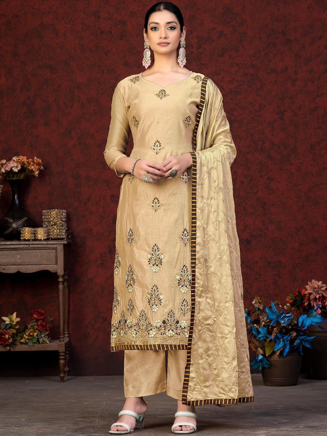 

KALINI Floral Embroidered Beads and Stones Unstitched Dress Material, Beige