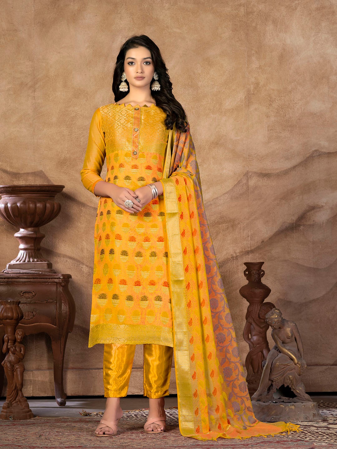 

KALINI Floral Woven Design Zari Unstitched Dress Material, Yellow