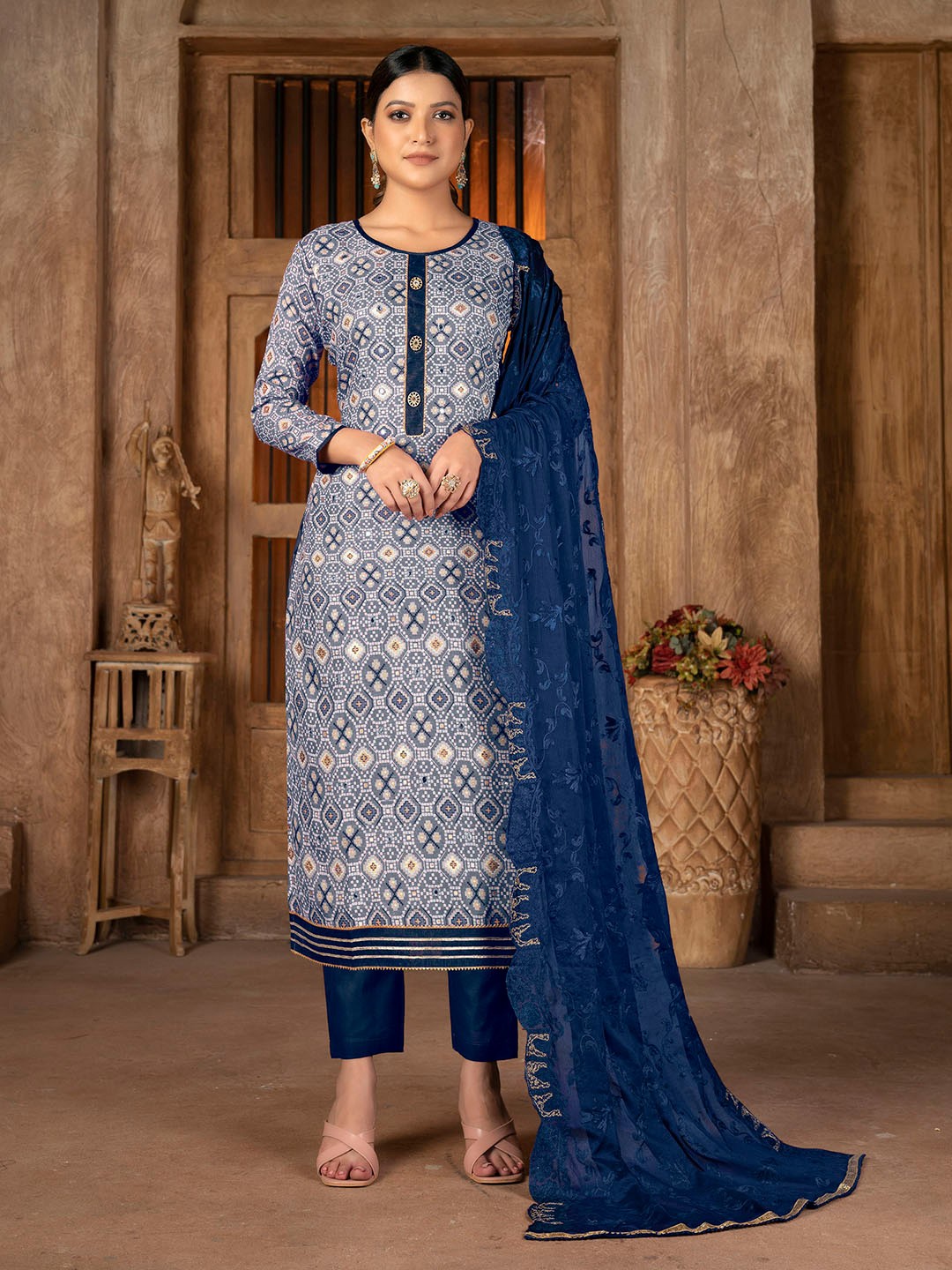 

KALINI Geometric Printed Gotta Patti Unstitched Dress Material, Blue