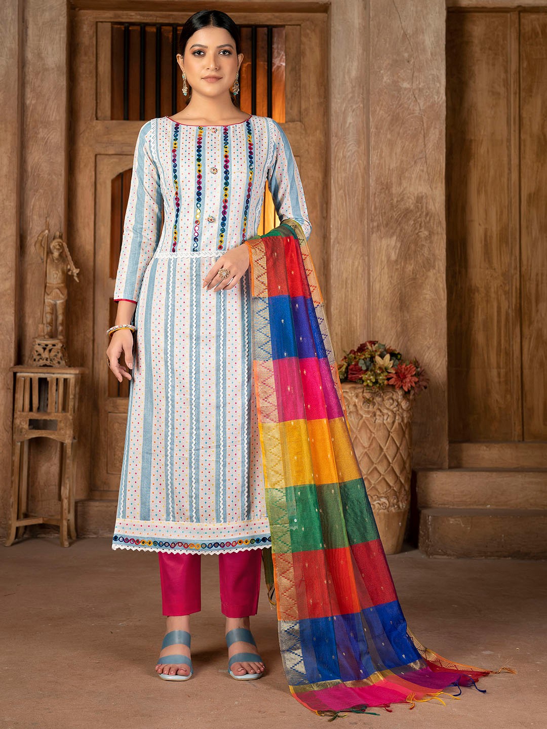 

KALINI Striped Mirror Work Unstitched Dress Material, White