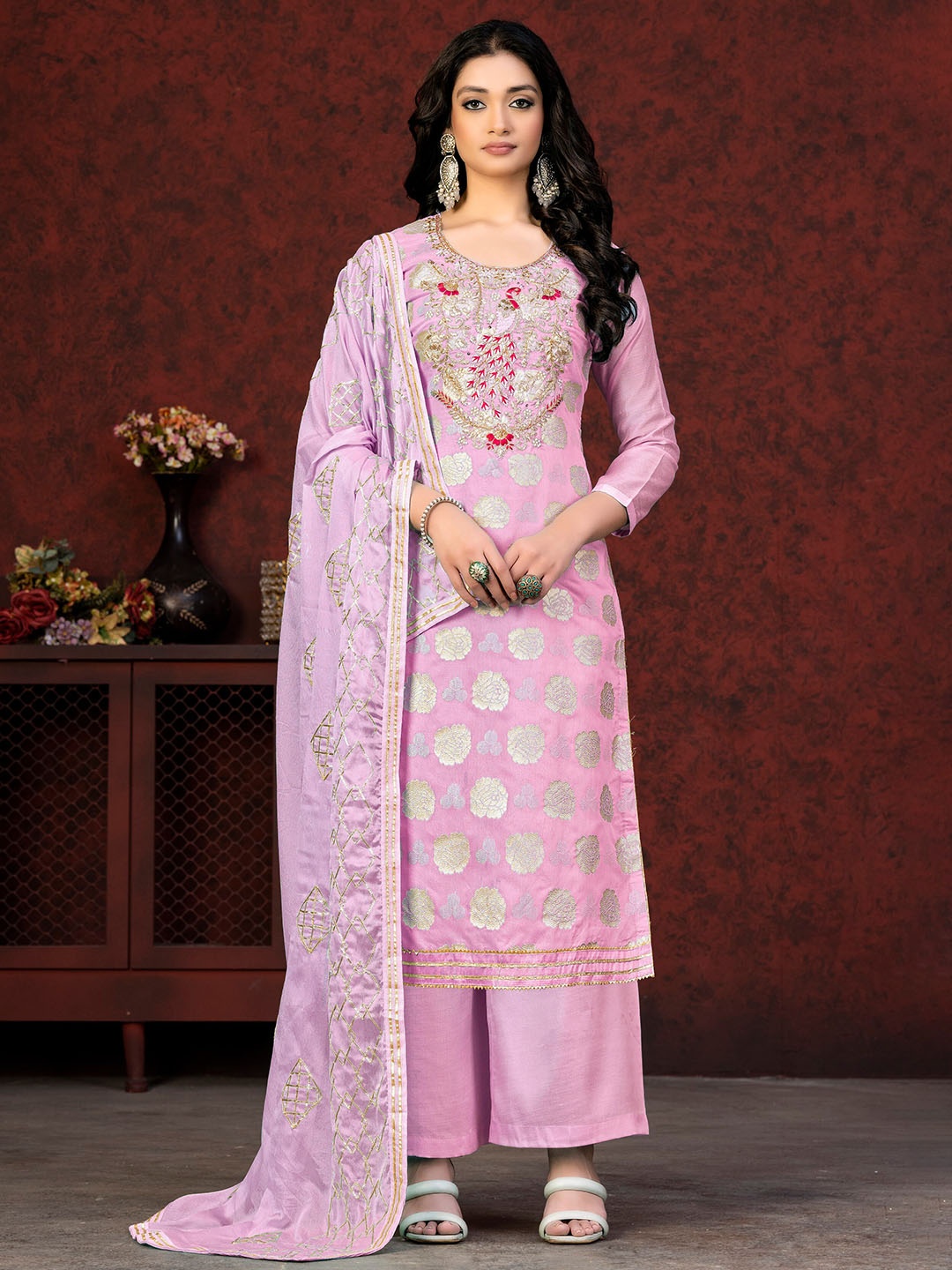 

KALINI Floral Woven Design Beads and Stones Unstitched Dress Material, Pink