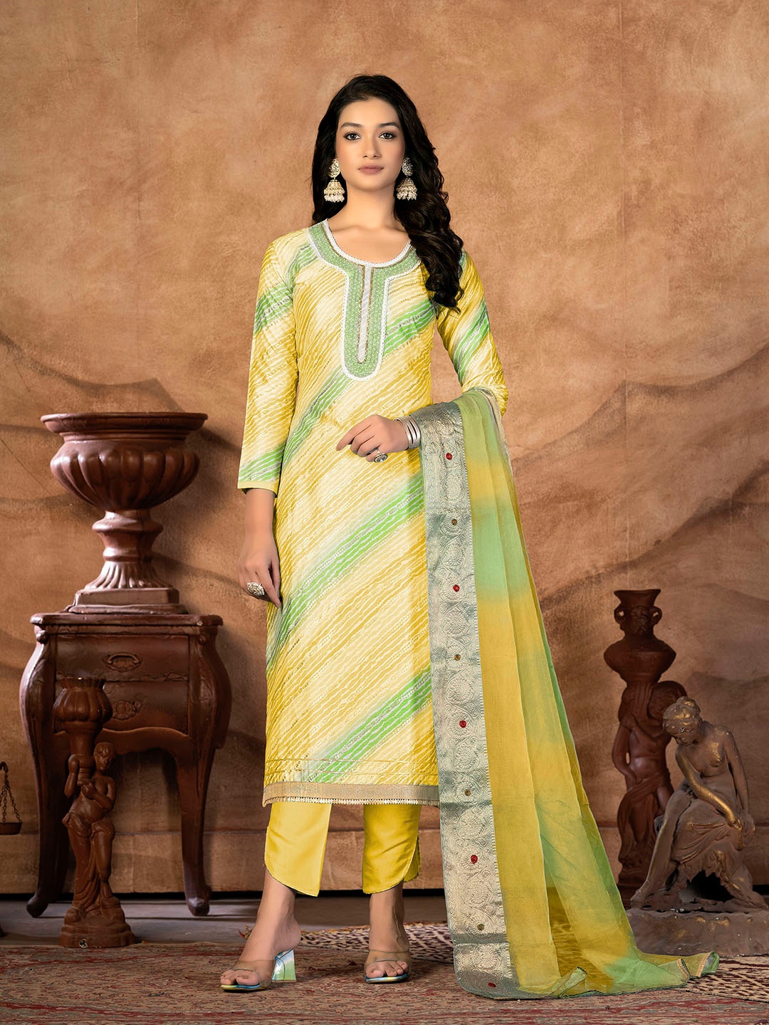 

KALINI Striped Beads and Stones Unstitched Dress Material, Yellow