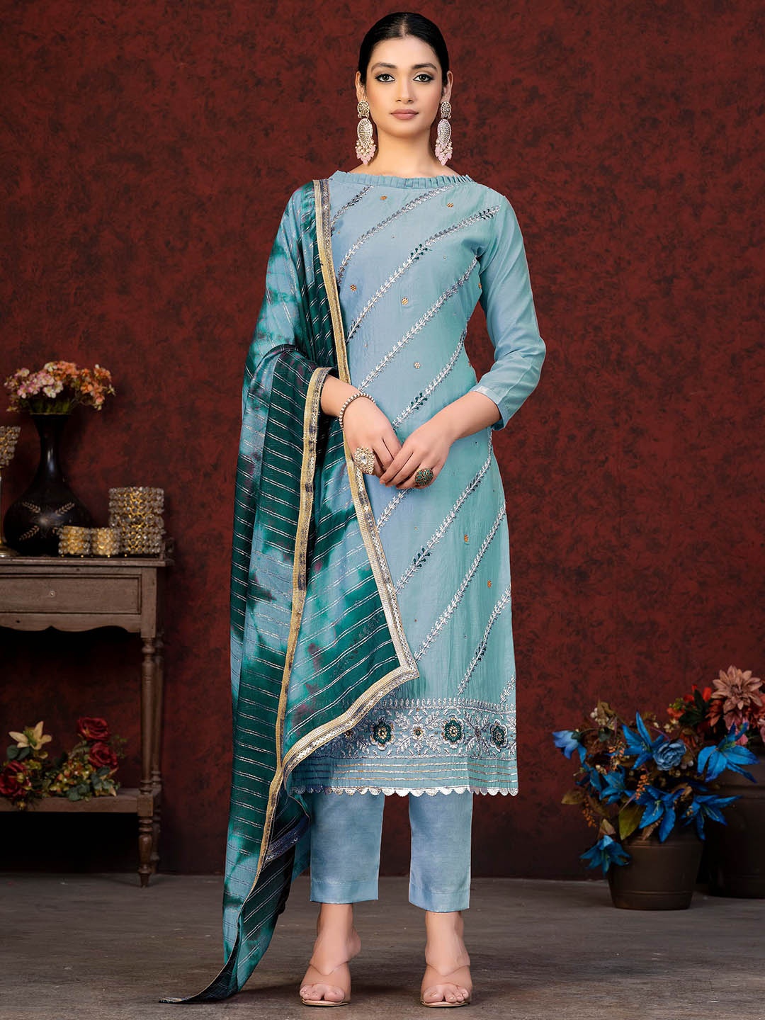 

KALINI Ethnic Motifs Embroidered Gotta Patti Unstitched Dress Material, Blue