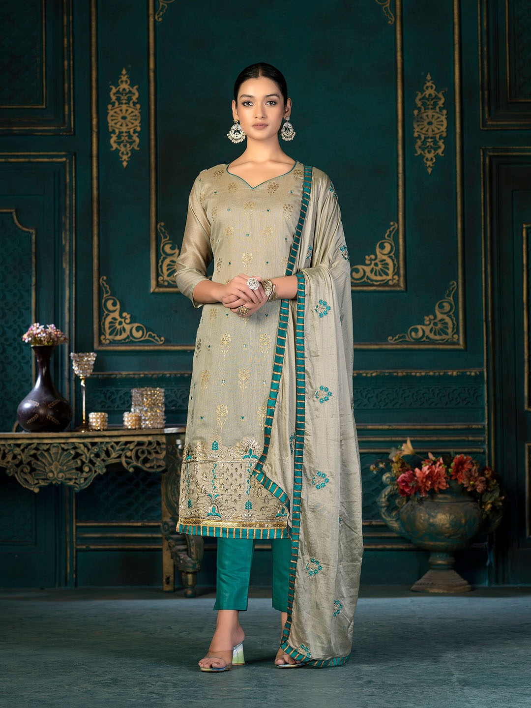 

KALINI Ethnic Motifs Printed Thread Work Unstitched Dress Material, Grey
