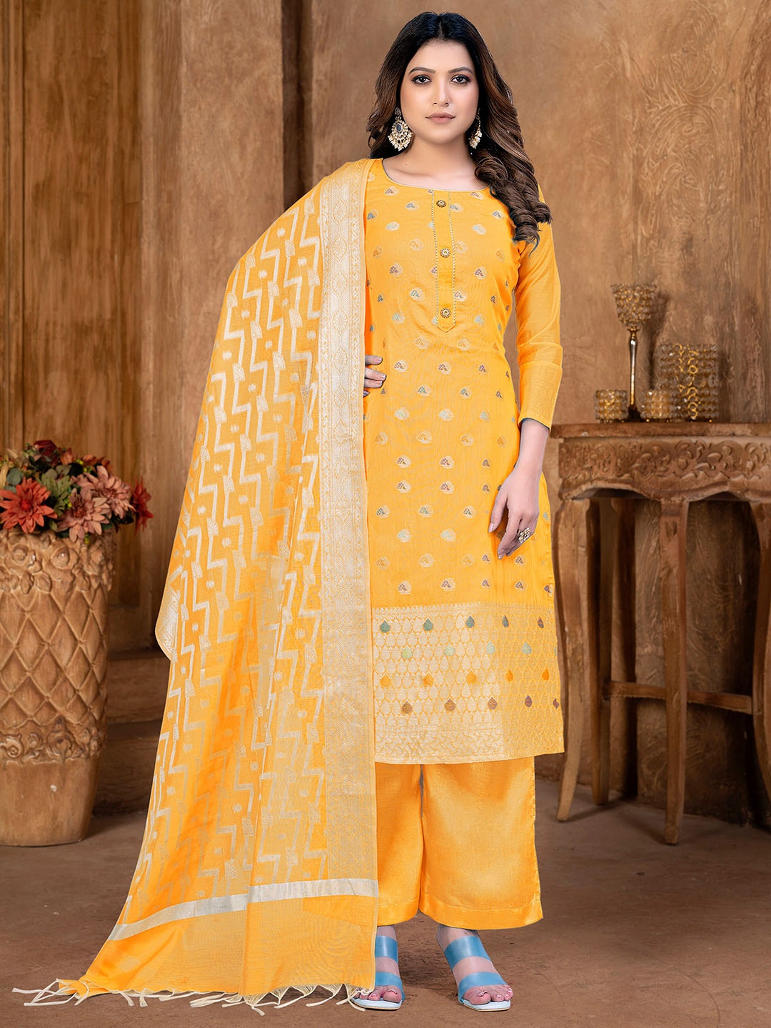 

KALINI Ethnic Motifs Woven Design Banarasi Jacquard Unstitched Dress Material, Yellow