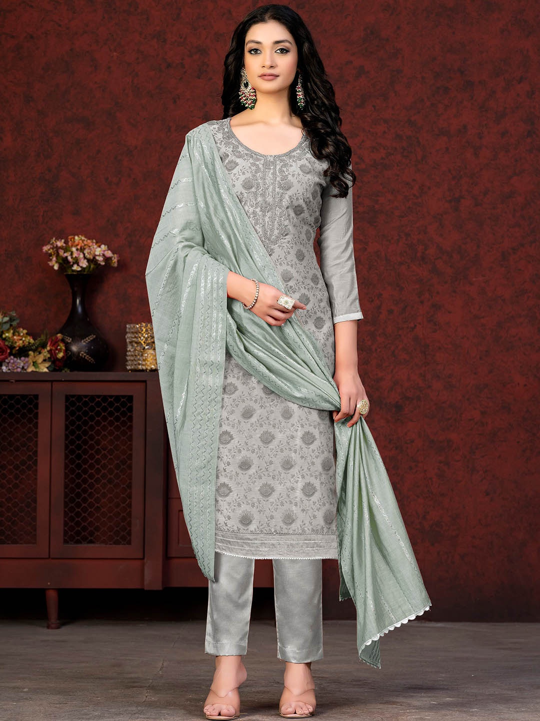 

KALINI Ethnic Motifs Printed Beads & Stones Unstitched Dress Material, Grey