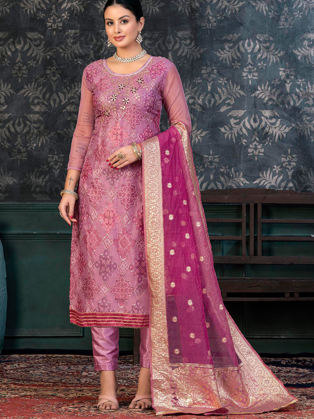 

KALINI Ethnic Motifs Printed Gotta Patti Organza Unstitched Dress Material, Pink